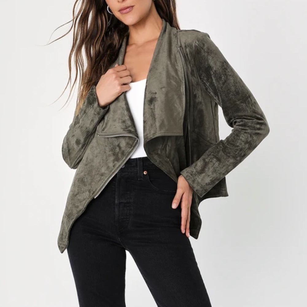 Lulu’s Olive Green Vegan Suede Moto Jacket